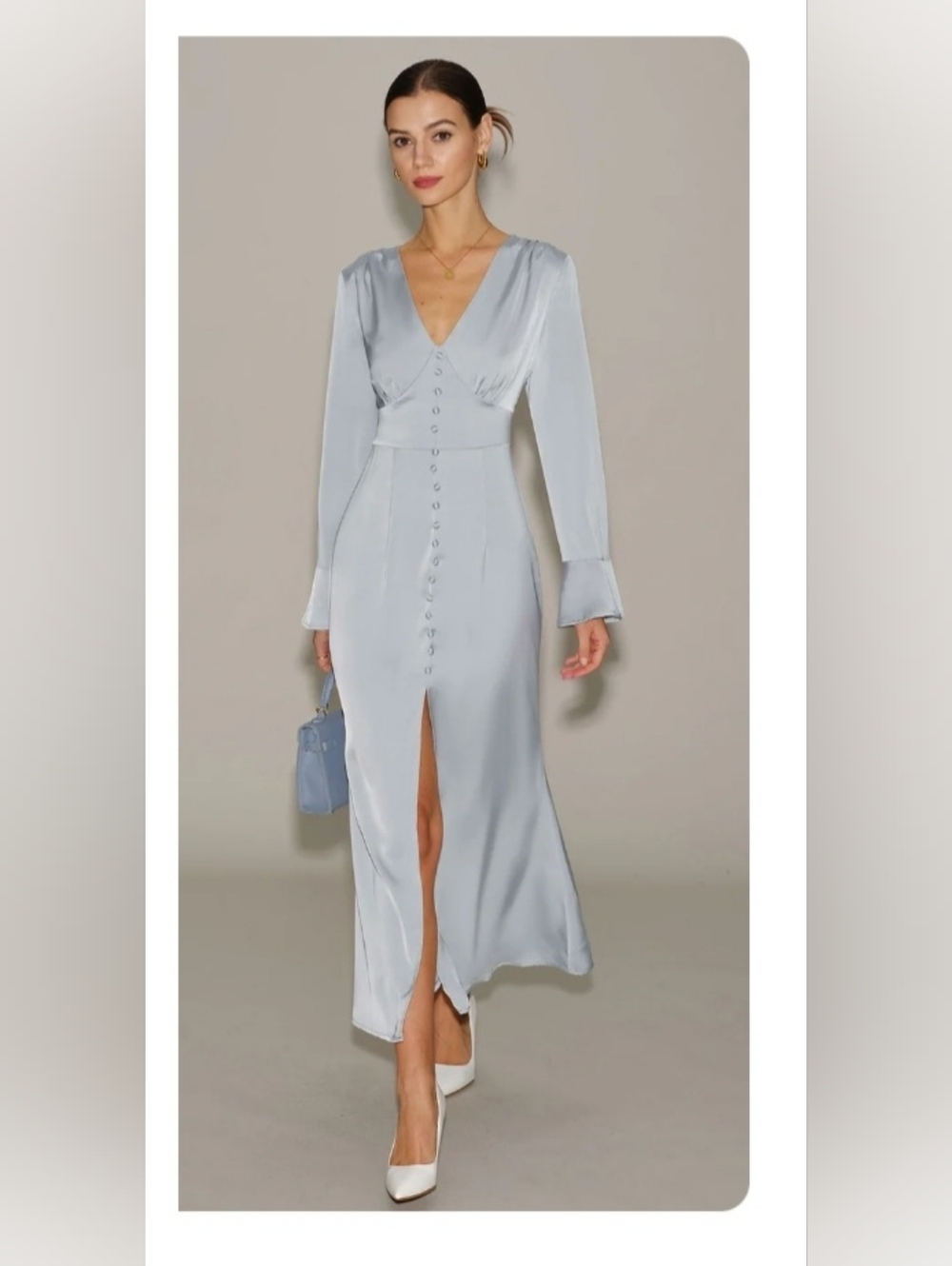 Rihoas Grey Satin Bell Sleeve Maxi. Size Medium